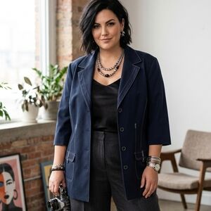 Rare Claire France Navy Blazer With Unique Contrast Stitching Details, Size 16